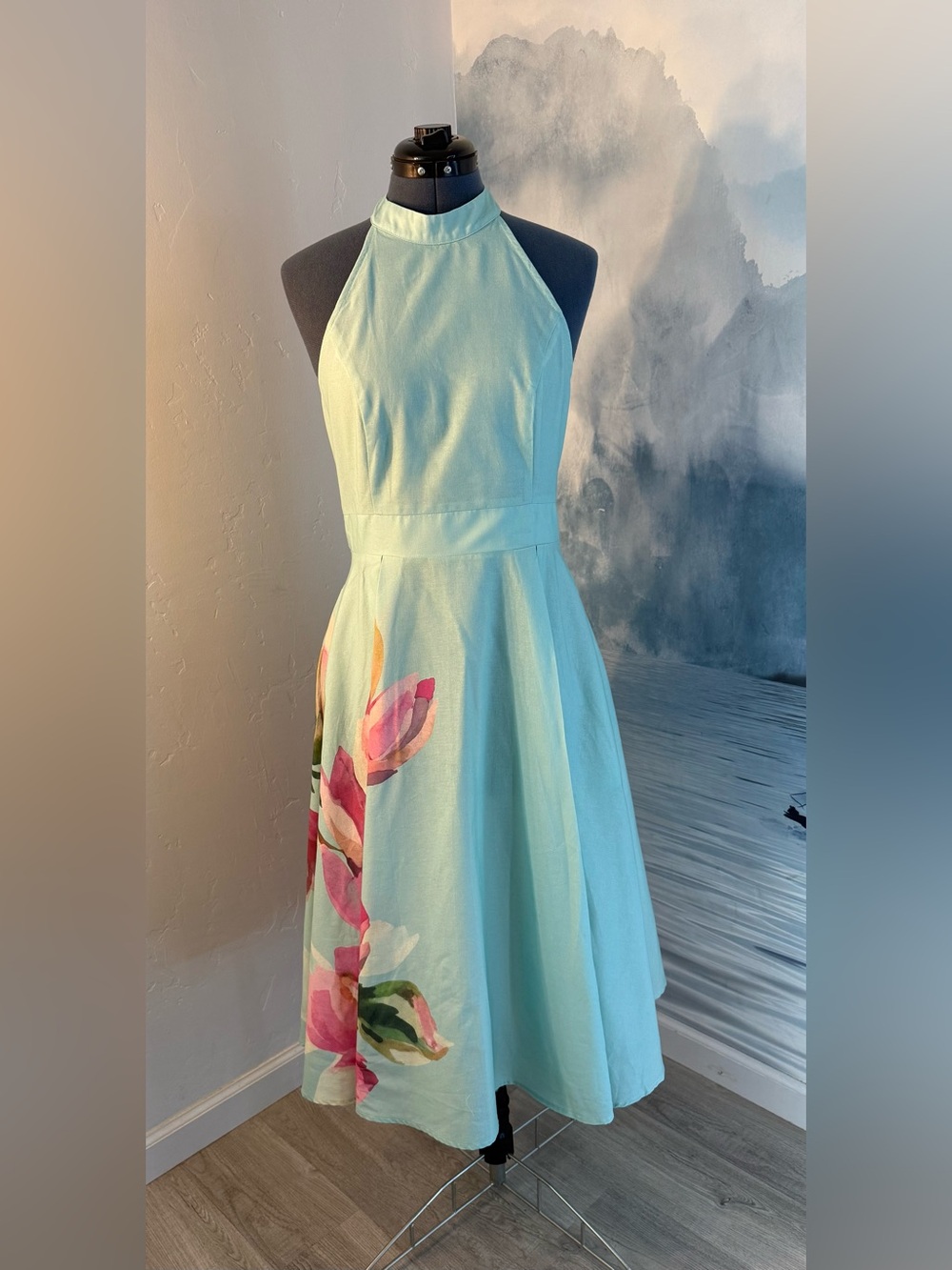 Mint Halter High-Low Dress with Pink Floral Accent #426